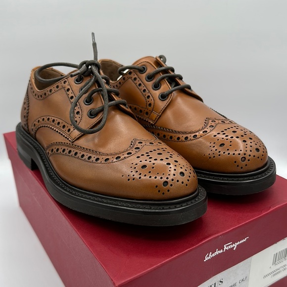 Salvatore Ferragamo Titus Wingtip Oxford Brown Leather Size 6 EEE NIB